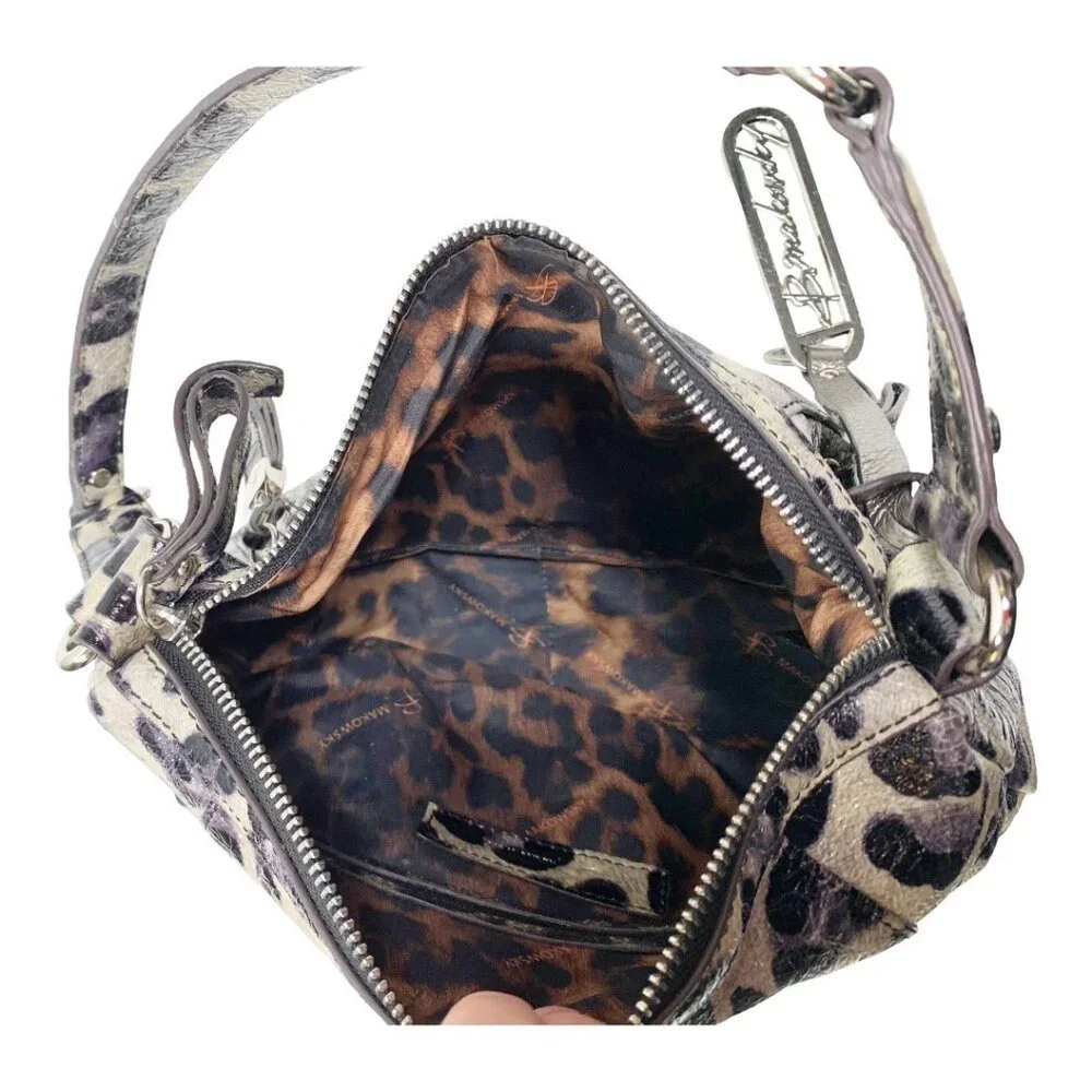 B. Makowsky Shiny Leopard Print Genuine Leather Satchel Handbag Purse - Picture 11 of 16